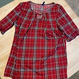 Emily Stacy Red Plaid Blouse with Button Detail EUC